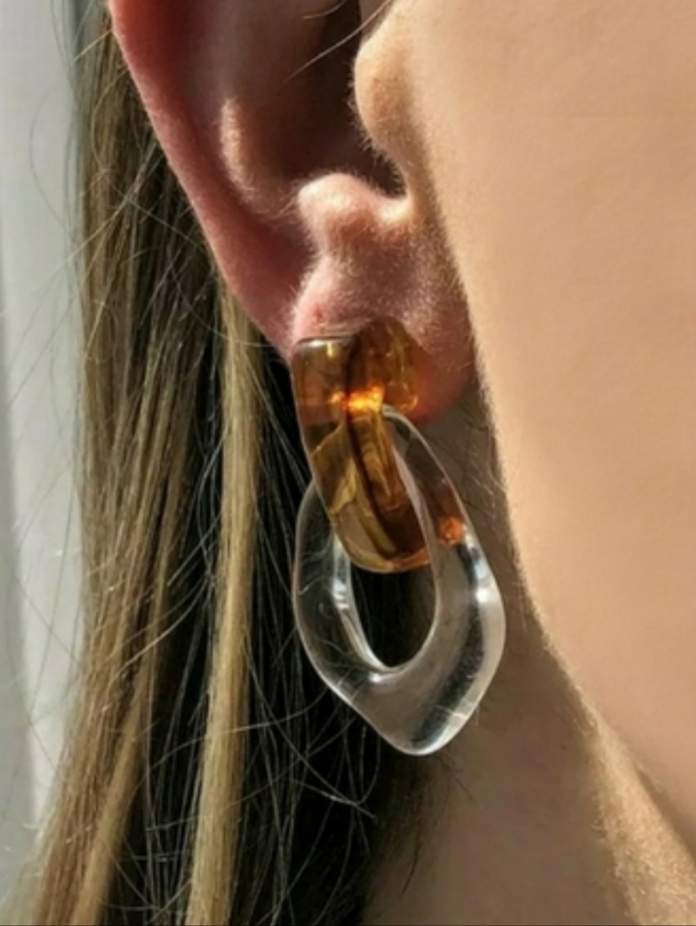 ▪️Amber Tortoise Clear Acrylic Chunky Drop Hoop Earrings 2 Tone Statement; NWOT